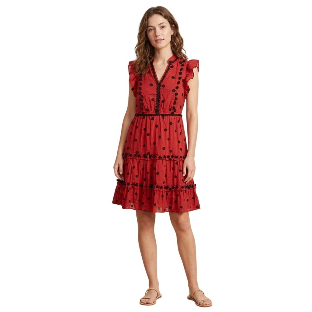 Crown & Ivy Women's  PS Rust Red Polka Dot Tiered Pom Pom Trim Ruffle Mini Dress